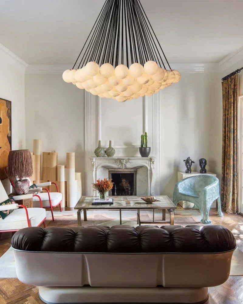 LightsStory Series Ethereal Chandelier | Cluster Globe Frosted Alabaster Globes with Marble-Finish Frame, Matte Marble-Finish for High Ceiling Entrances and Dining Spaces American Vintage chandelier lamp