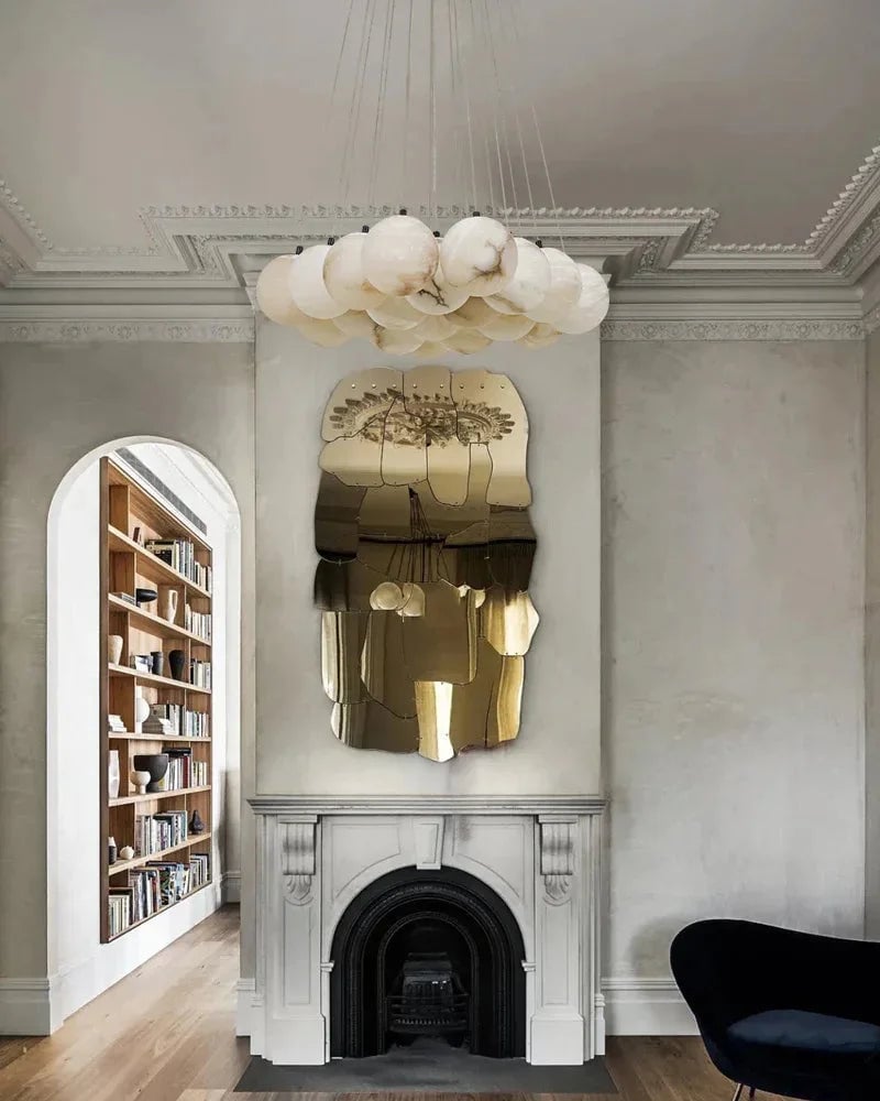 LightsStory Series Ethereal Chandelier | Cluster Globe Frosted Alabaster Globes with Marble-Finish Frame, Matte Marble-Finish for High Ceiling Entrances and Dining Spaces American Vintage chandelier lamp