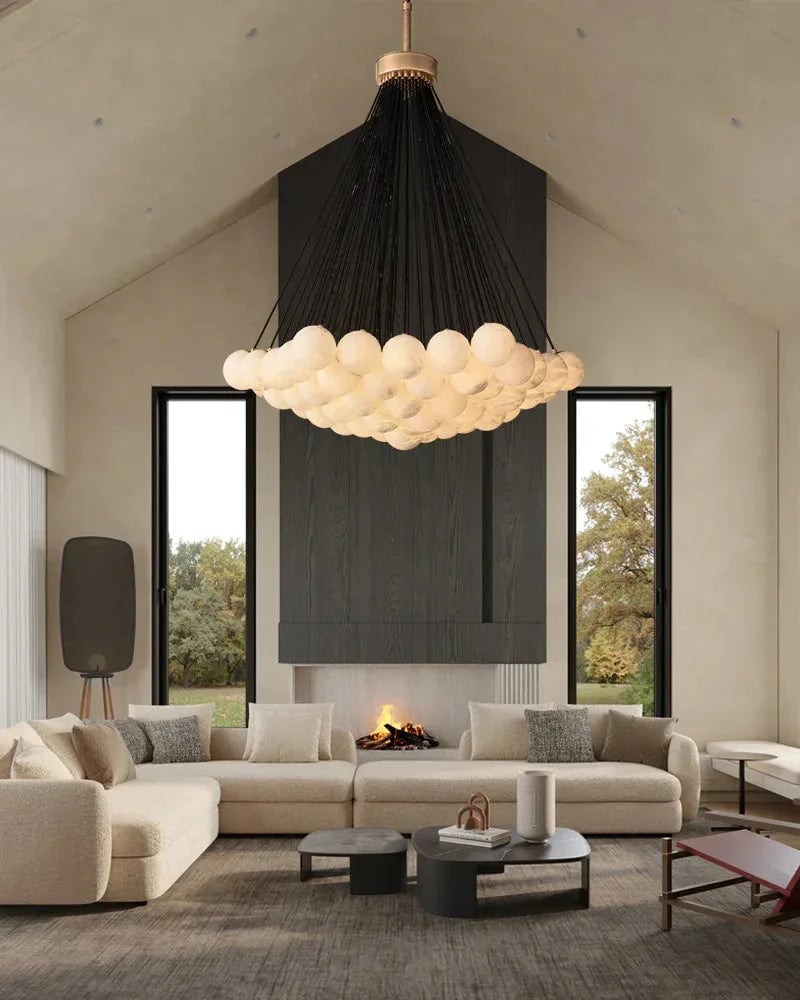 LightsStory Series Ethereal Chandelier | Cluster Globe Frosted Alabaster Globes with Marble-Finish Frame, Matte Marble-Finish for High Ceiling Entrances and Dining Spaces American Vintage chandelier lamp