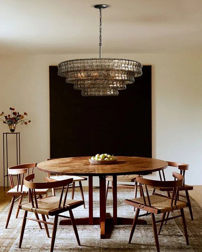 LightsStory Series Ethereal Chandelier | Four-Tiered Round Curved Textured Glass and Aluminum, Plated-Brass and Bronze for Dining Rooms and Grand Foyers American chandelier
