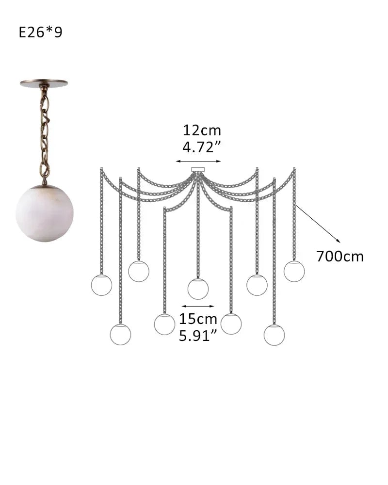 LightsStory Series Ethereal Chandelier | Globe Hand-Carved Natural Alabaster, Brass and Black finish for Grand staircases, high ceilings, and modern entryways 9-Light-D15CM D5.91" White + Brass Chain Modern Pendant lamp