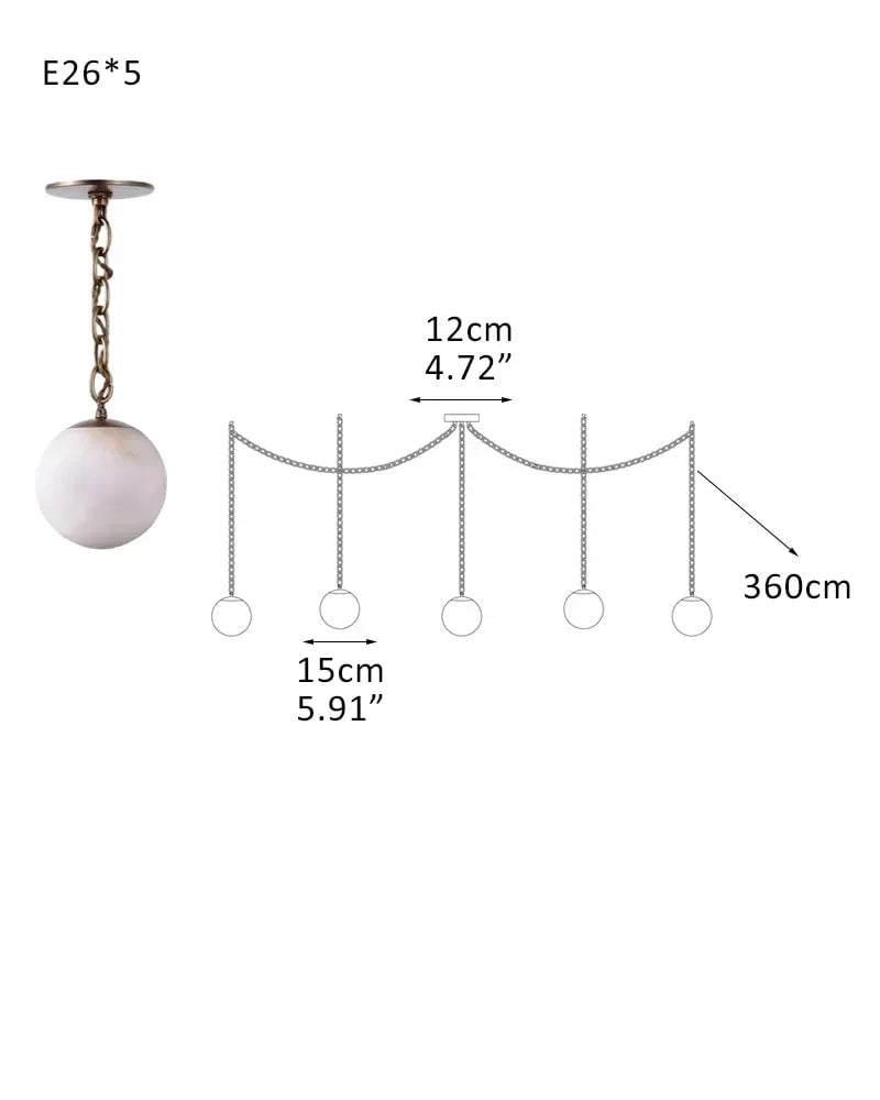 LightsStory Series Ethereal Chandelier | Globe Hand-Carved Natural Alabaster, Brass and Black finish for Grand staircases, high ceilings, and modern entryways 5-Light-D15CM D5.91" White + Brass Chain Modern Pendant lamp