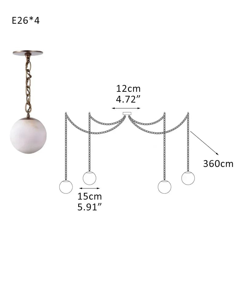LightsStory Series Ethereal Chandelier | Globe Hand-Carved Natural Alabaster, Brass and Black finish for Grand staircases, high ceilings, and modern entryways 4-Light-D15CM D5.91" White + Brass Chain Modern Pendant lamp