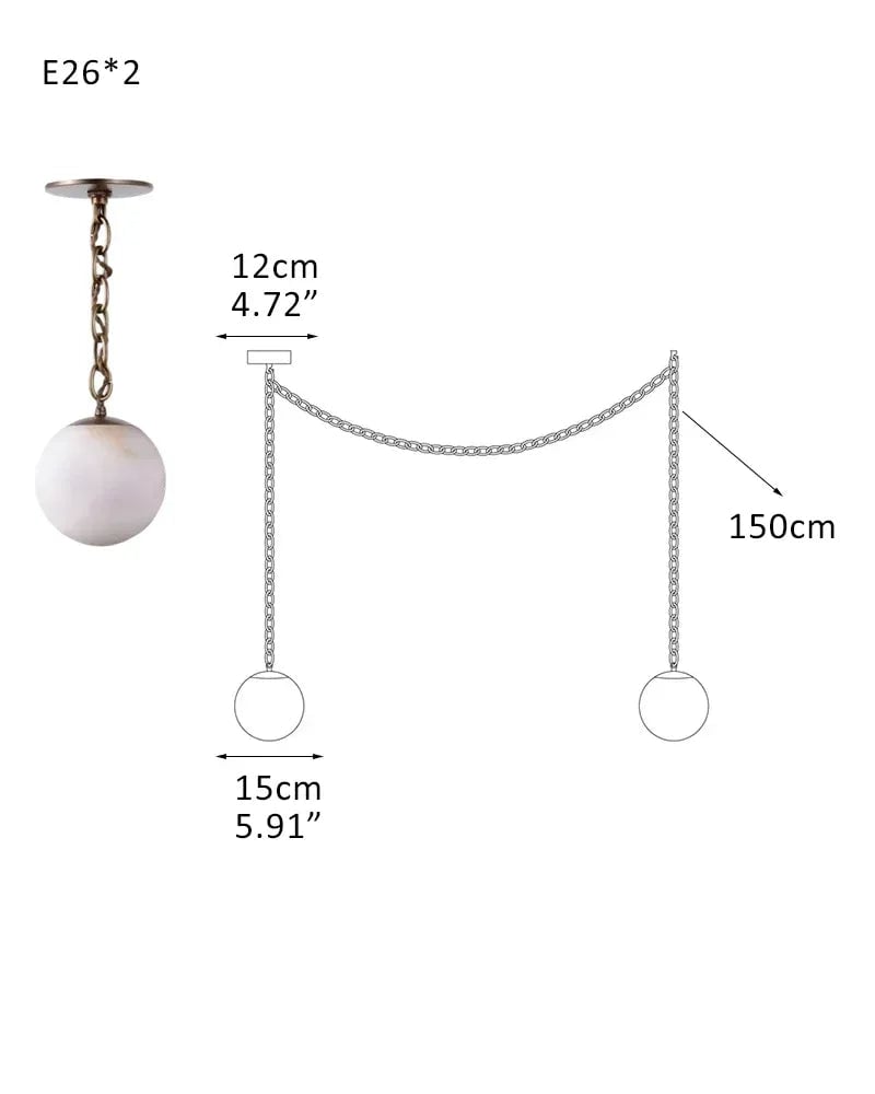 LightsStory Series Ethereal Chandelier | Globe Hand-Carved Natural Alabaster, Brass and Black finish for Grand staircases, high ceilings, and modern entryways 2-Light-D15CM D5.91" White + Brass Chain Modern Pendant lamp