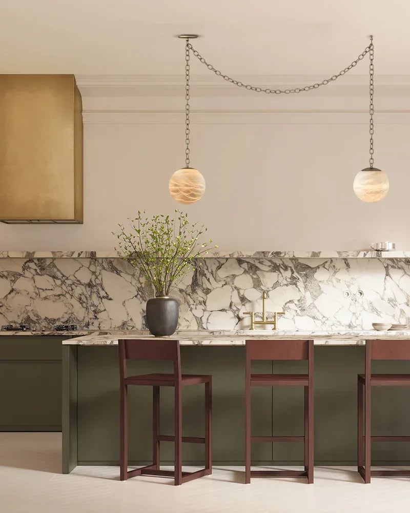 LightsStory Series Ethereal Chandelier | Globe Hand-Carved Natural Alabaster, Brass and Black finish for Grand staircases, high ceilings, and modern entryways Modern Pendant lamp
