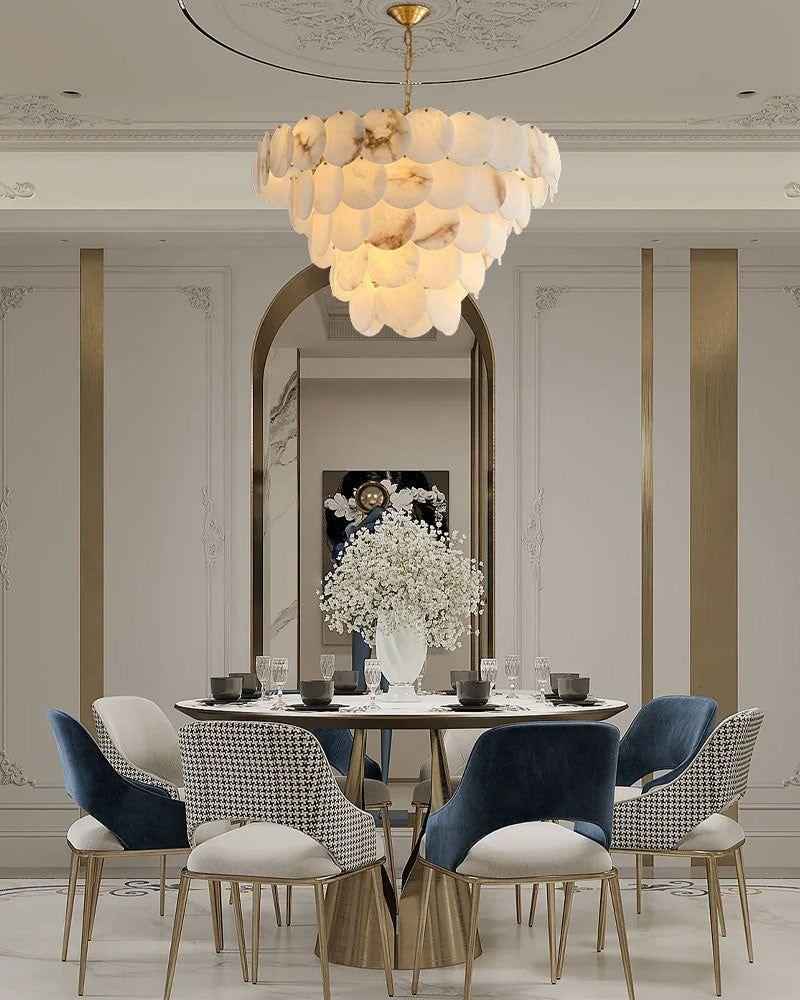 LightsStory Series Ethereal Chandelier | Multi-Tier Cascading Hand-Carved Spanish White Alabaster Shells, Solid Brass for Dining Rooms and Grand Foyers Modern Pendant lamp