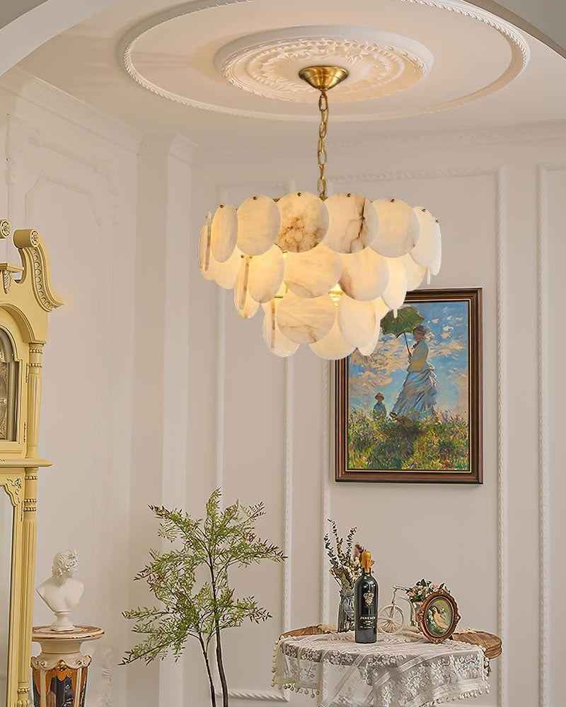 LightsStory Series Ethereal Chandelier | Multi-Tier Cascading Hand-Carved Spanish White Alabaster Shells, Solid Brass for Dining Rooms and Grand Foyers Modern Pendant lamp