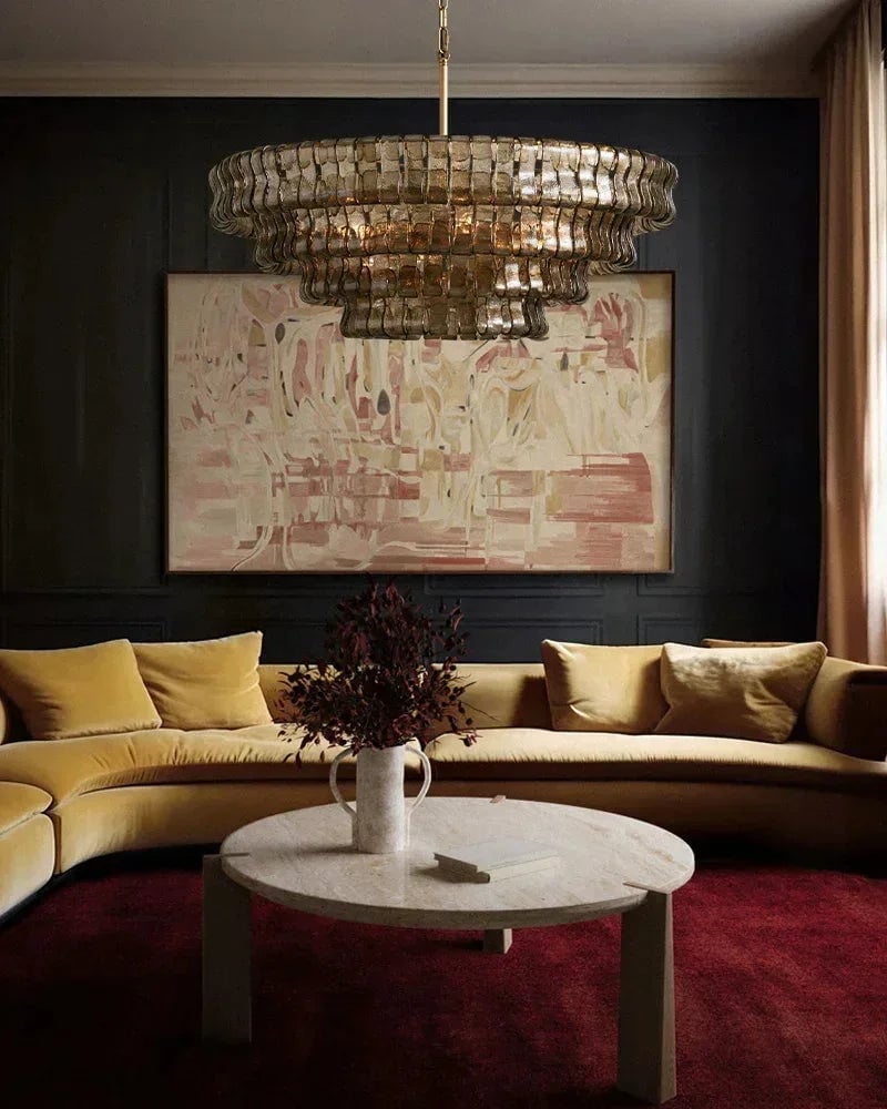 LightsStory Series Ethereal Chandelier | Multi-Tiered Oval Curved Textured Glass with Brass and Black Aluminum, Plated Brass and Black Aluminum for Dining Rooms and Grand Foyers American chandelier