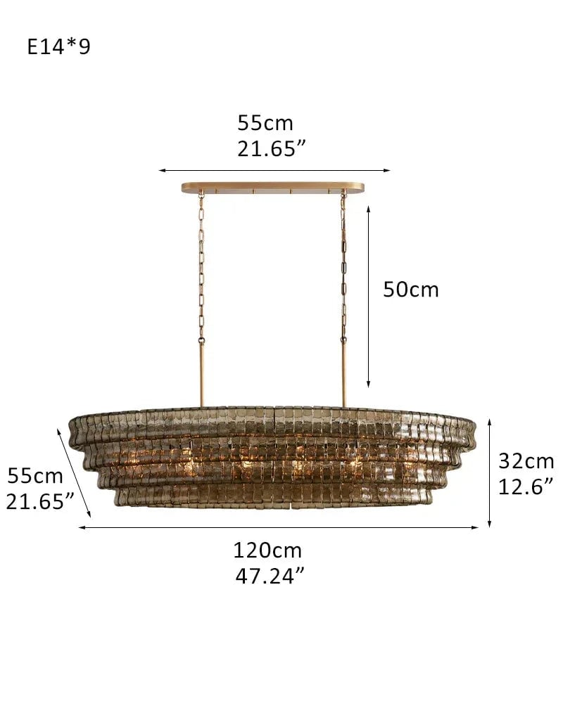 LightsStory Series Ethereal Chandelier | Multi-Tiered Oval Curved Textured Glass with Brass and Black Aluminum, Plated Brass and Black Aluminum for Dining Rooms and Grand Foyers 4 tier-L120*W55*H32CM L48"*W22"*H12"(E14*9) Brass + Smoke Glass American chandelier