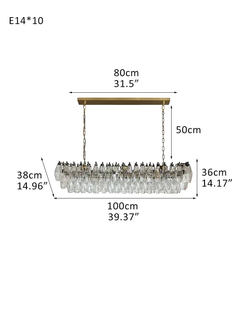 LightsStory Series Ethereal Chandelier | Rectangular Poliedri Hand-blown Murano textured glass, Plated-brass or bronze accents for Dining Rooms and Living Areas L100*W38*H36CM L39.6"*W15"*H14" Brass + Transparent Glass American chandelier