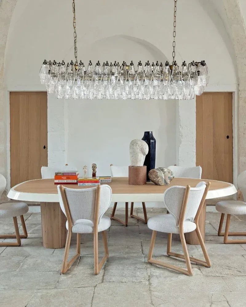 LightsStory Series Ethereal Chandelier | Rectangular Poliedri Hand-blown Murano textured glass, Plated-brass or bronze accents for Dining Rooms and Living Areas American chandelier