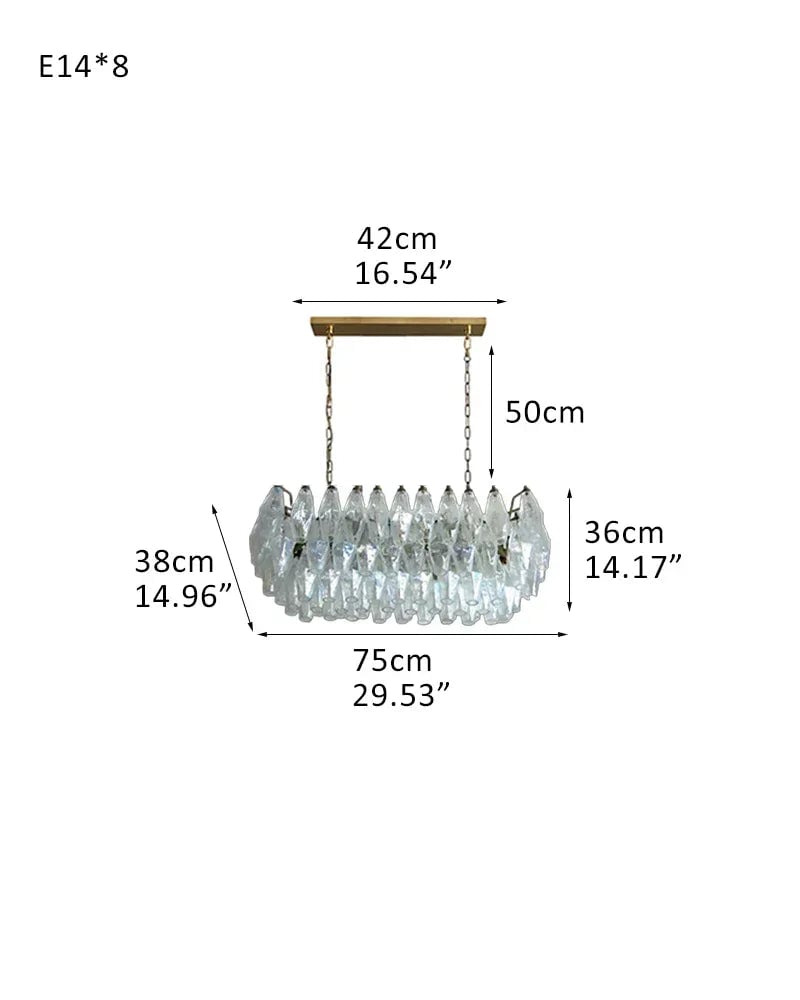 LightsStory Series Ethereal Chandelier | Rectangular Poliedri Hand-blown Murano textured glass, Plated-brass or bronze accents for Dining Rooms and Living Areas L75*W38*H36CM L29.5"*W15"*H14" Brass + Transparent Glass American chandelier