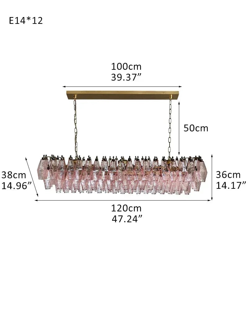 LightsStory Series Ethereal Chandelier | Rectangular Poliedri Hand-blown Murano textured glass, Plated-brass or bronze accents for Dining Rooms and Living Areas L120*W38*H36CM L47"*W15"*H14" Brass + Pink Glass American chandelier