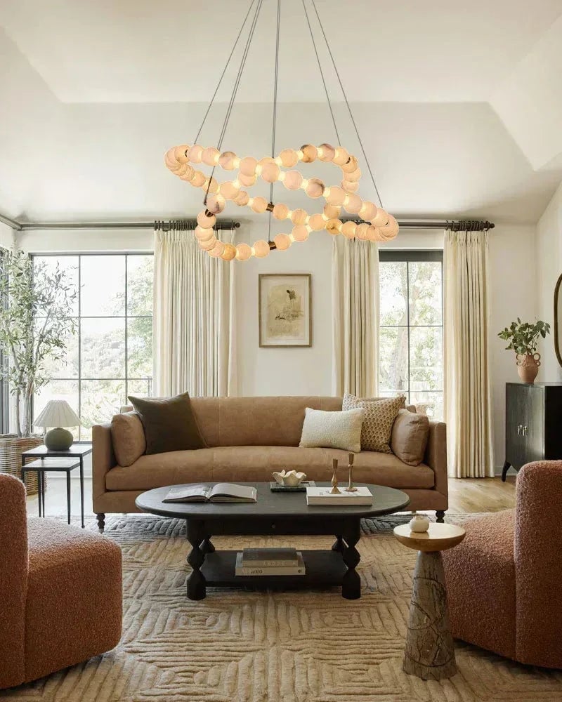 LightsStory Series Ethereal Chandelier | Single Ring Natural Spanish Alabaster, Gleaming Metallic for Spacious Lofts and Cozy Nooks Luxury Modern Chandelier