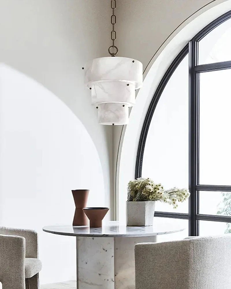 LightsStory Series Ethereal Chandelier | Triple Tier Alabaster Hand-carved natural alabaster with unique veining, Golden brass accents for Sophisticated dining rooms and cozy living spaces Modern Pendant lamp