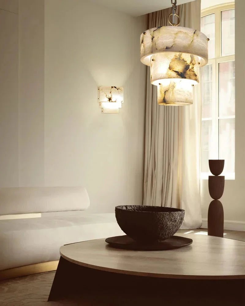 LightsStory Series Ethereal Chandelier | Triple Tier Alabaster Hand-carved natural alabaster with unique veining, Golden brass accents for Sophisticated dining rooms and cozy living spaces Modern Pendant lamp