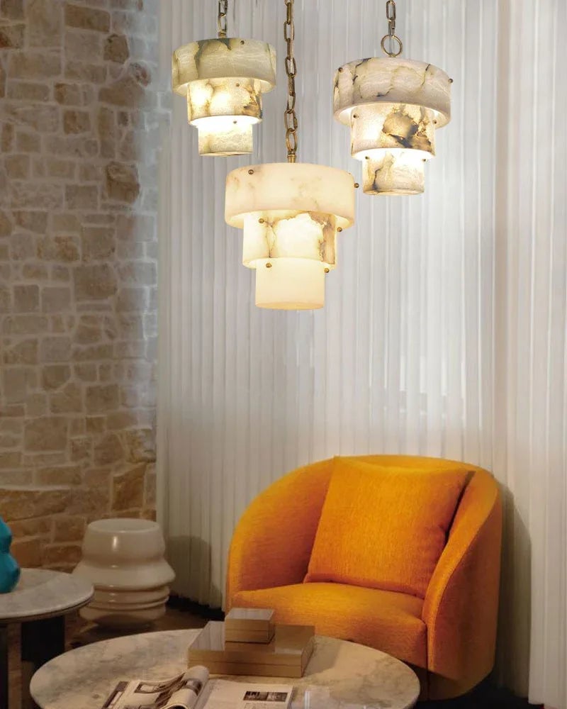 LightsStory Series Ethereal Chandelier | Triple Tier Alabaster Hand-carved natural alabaster with unique veining, Golden brass accents for Sophisticated dining rooms and cozy living spaces Modern Pendant lamp