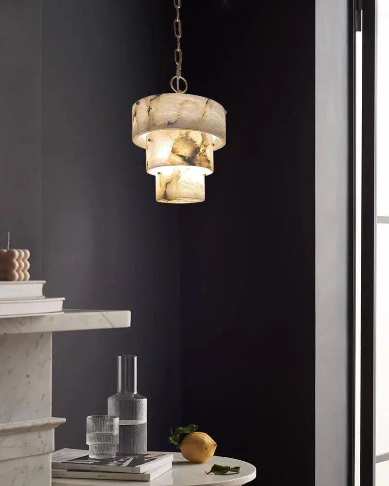 LightsStory Series Ethereal Chandelier | Triple Tier Alabaster Hand-carved natural alabaster with unique veining, Golden brass accents for Sophisticated dining rooms and cozy living spaces Modern Pendant lamp