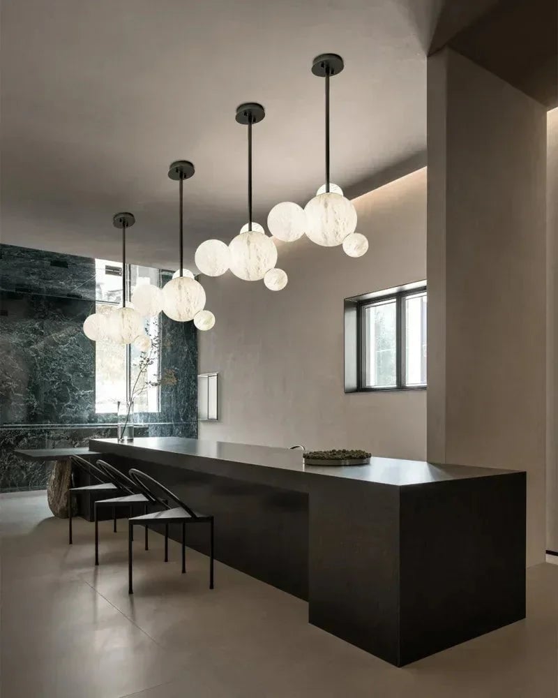 LightsStory Series Ethereal Pendant Light | Alabaster Globe Cluster Hand-Carved Natural Alabaster and Vintage Metal, Nordic Black and Gold finish for Dining Rooms and Kitchen Islands American chandelier