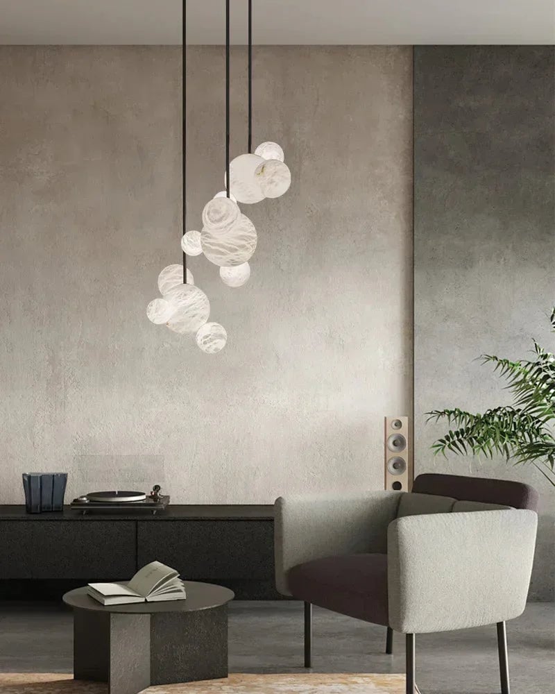 LightsStory Series Ethereal Pendant Light | Alabaster Globe Cluster Hand-Carved Natural Alabaster and Vintage Metal, Nordic Black and Gold finish for Dining Rooms and Kitchen Islands American chandelier