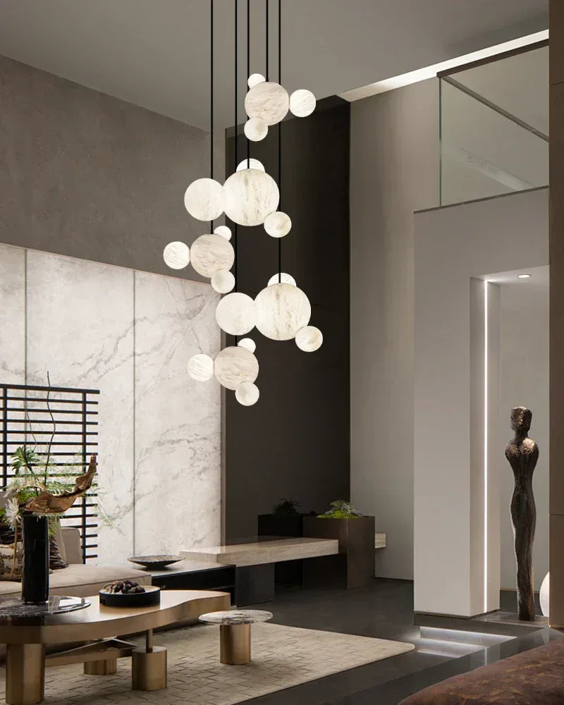 LightsStory Series Ethereal Pendant Light | Alabaster Globe Cluster Hand-Carved Natural Alabaster and Vintage Metal, Nordic Black and Gold finish for Dining Rooms and Kitchen Islands American chandelier