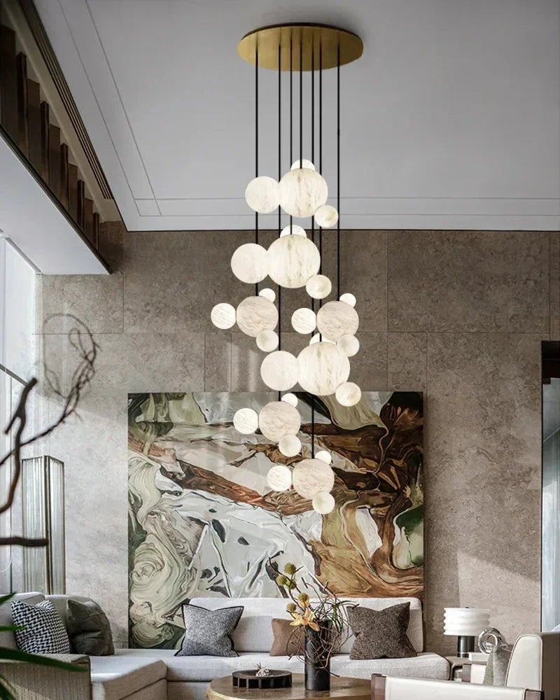 LightsStory Series Ethereal Pendant Light | Alabaster Globe Cluster Hand-Carved Natural Alabaster and Vintage Metal, Nordic Black and Gold finish for Dining Rooms and Kitchen Islands American chandelier