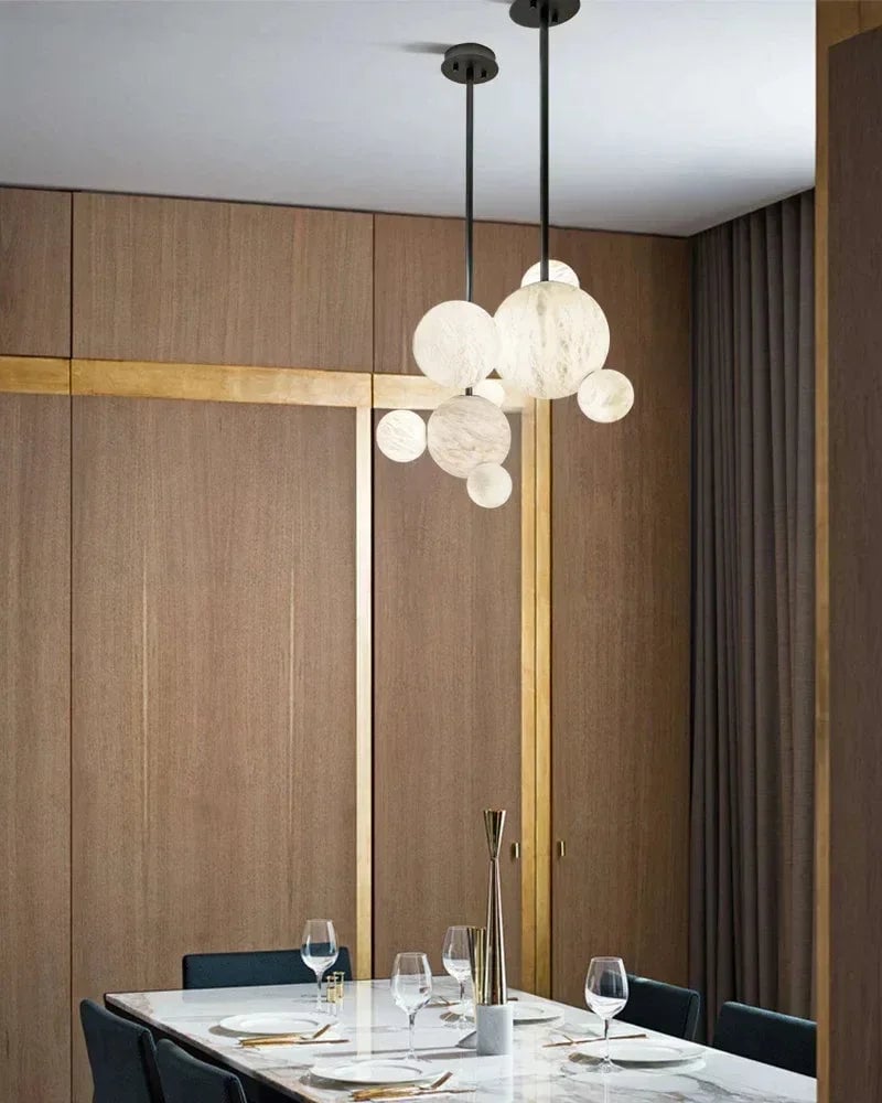LightsStory Series Ethereal Pendant Light | Alabaster Globe Cluster Hand-Carved Natural Alabaster and Vintage Metal, Nordic Black and Gold finish for Dining Rooms and Kitchen Islands American chandelier