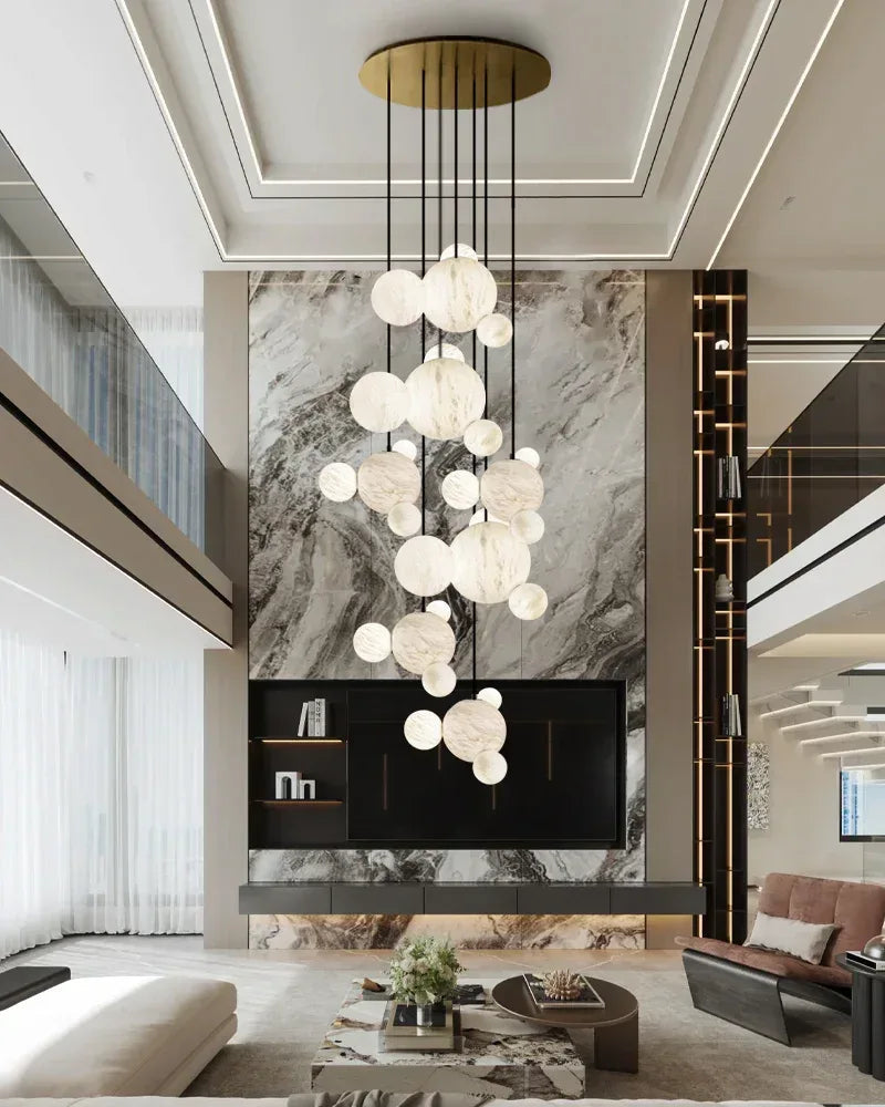 LightsStory Series Ethereal Pendant Light | Alabaster Globe Cluster Hand-Carved Natural Alabaster and Vintage Metal, Nordic Black and Gold finish for Dining Rooms and Kitchen Islands American chandelier