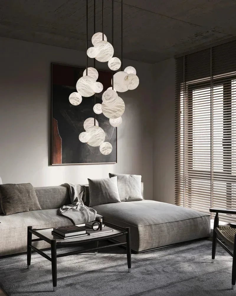 LightsStory Series Ethereal Pendant Light | Alabaster Globe Cluster Hand-Carved Natural Alabaster and Vintage Metal, Nordic Black and Gold finish for Dining Rooms and Kitchen Islands American chandelier