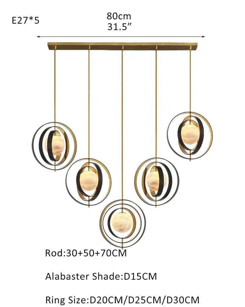 LightsStory Series Ethereal Pendant Light | Celestial Moon-Inspired Sphere Hand-blown premium white alabaster, Gold and Bronze accents for Modern living rooms and dining areas 5 light-L70*W57*H71CM L28"*W23"*H28"-Linear Board Gold + White Modern Pendant lamp