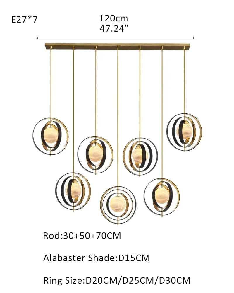LightsStory Series Ethereal Pendant Light | Celestial Moon-Inspired Sphere Hand-blown premium white alabaster, Gold and Bronze accents for Modern living rooms and dining areas 7 light-L70*W57*H71CM L28"*W23"*H28"-Linear Board Gold + White Modern Pendant lamp