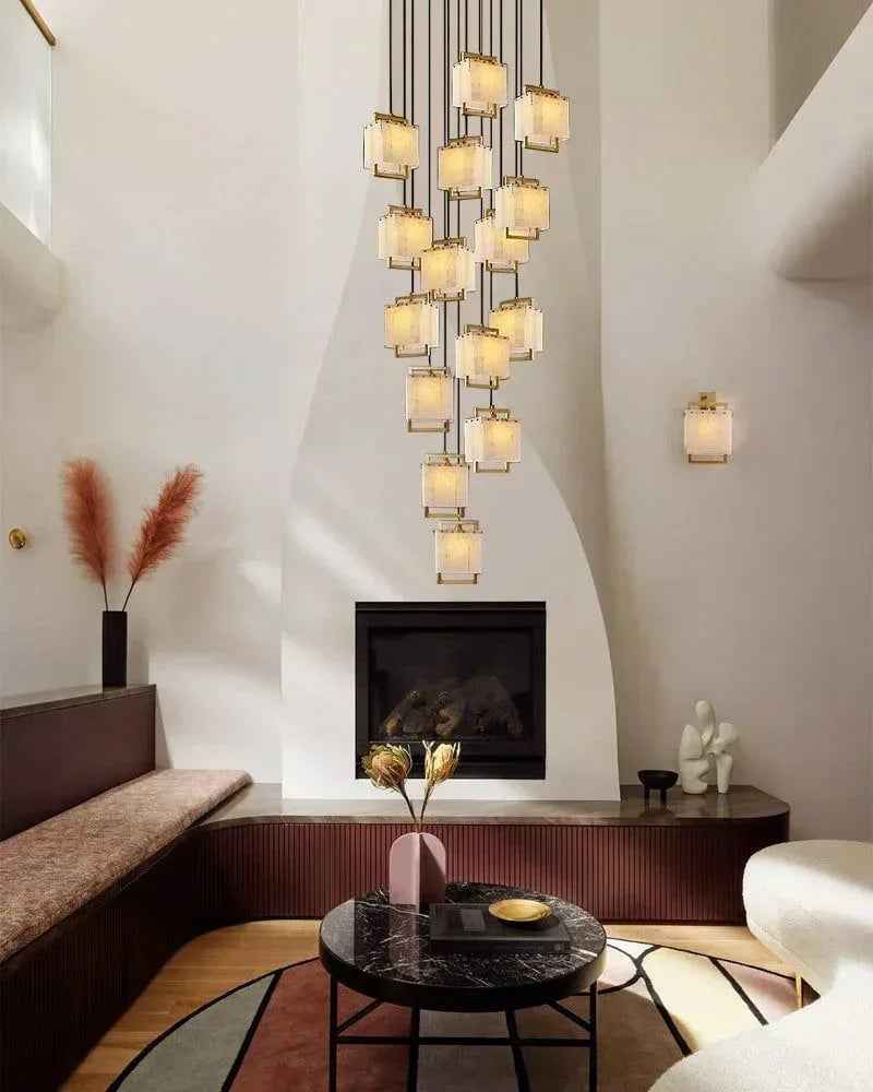 LightsStory Series Ethereal Pendant Light | Cluster Suspension Hand-polished marble and alabaster with brass details, Rubbed Brass finish for Lobbies, hotels, and mansions Modern Pendant lamp