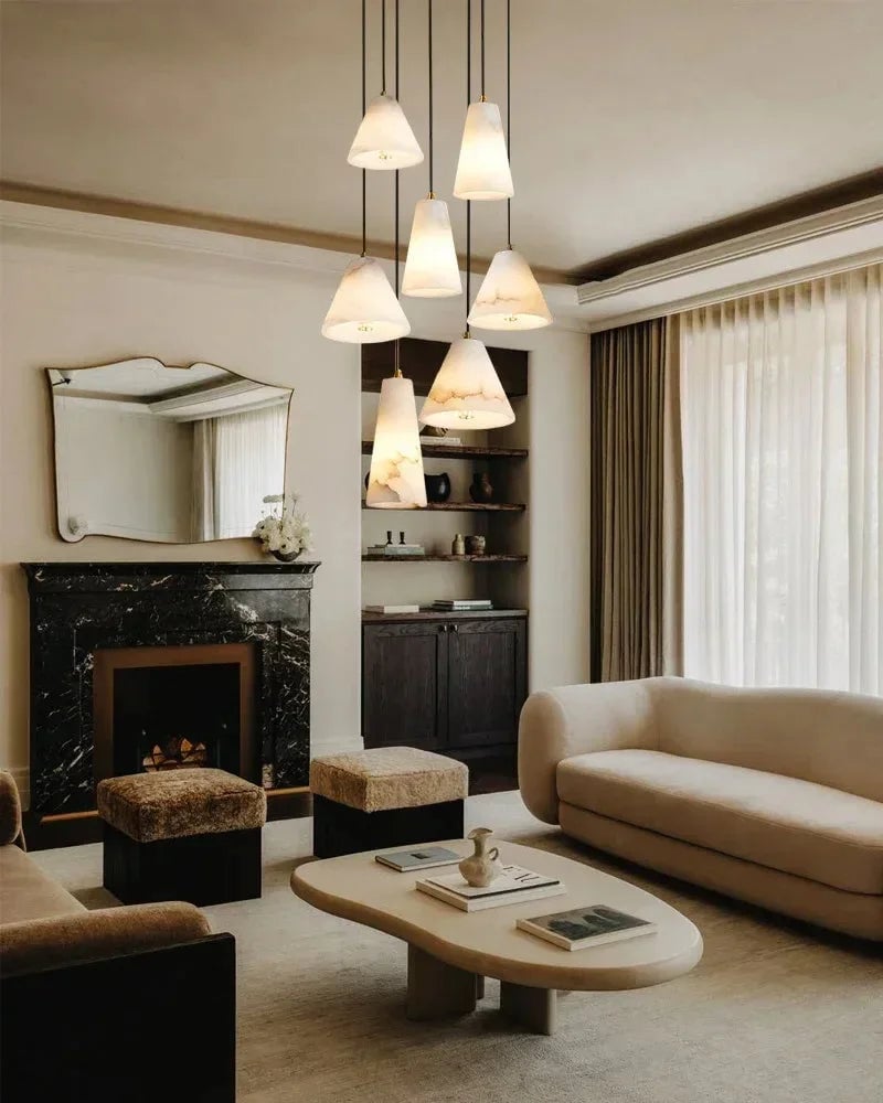 LightsStory Series Ethereal Pendant Light | Cone Hand-polished Spanish alabaster, Corrosion-resistant metal base for Kitchen islands, living rooms, bedrooms, and entryways Modern Pendant lamp