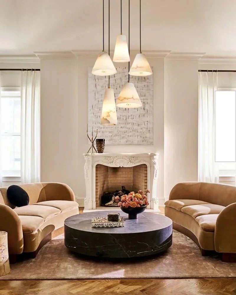 LightsStory Series Ethereal Pendant Light | Cone Hand-polished Spanish alabaster, Corrosion-resistant metal base for Kitchen islands, living rooms, bedrooms, and entryways Modern Pendant lamp