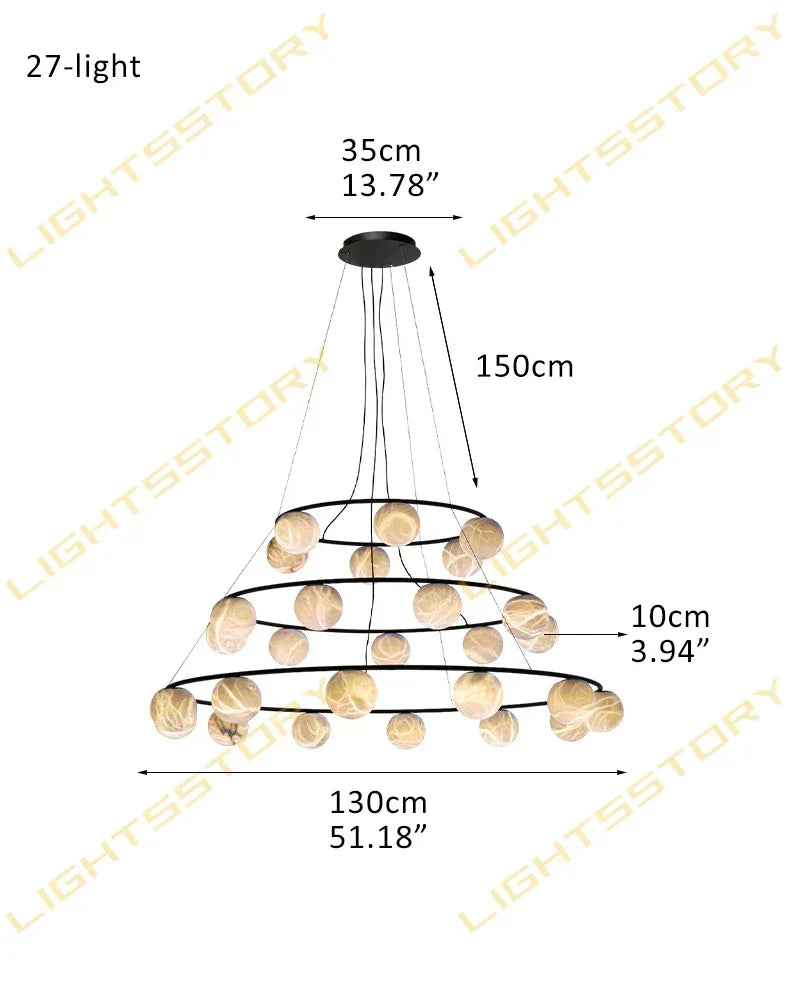 LightsStory Series Ethereal Pendant Light | Double Alabaster Globes Hand-Carved Natural Alabaster Stone, Lacquered Burnished Brass and Antique Black for Modern Dining Rooms and Entryways 27-light-D130cm D51.18"-Round Black Modern Pendant lamp