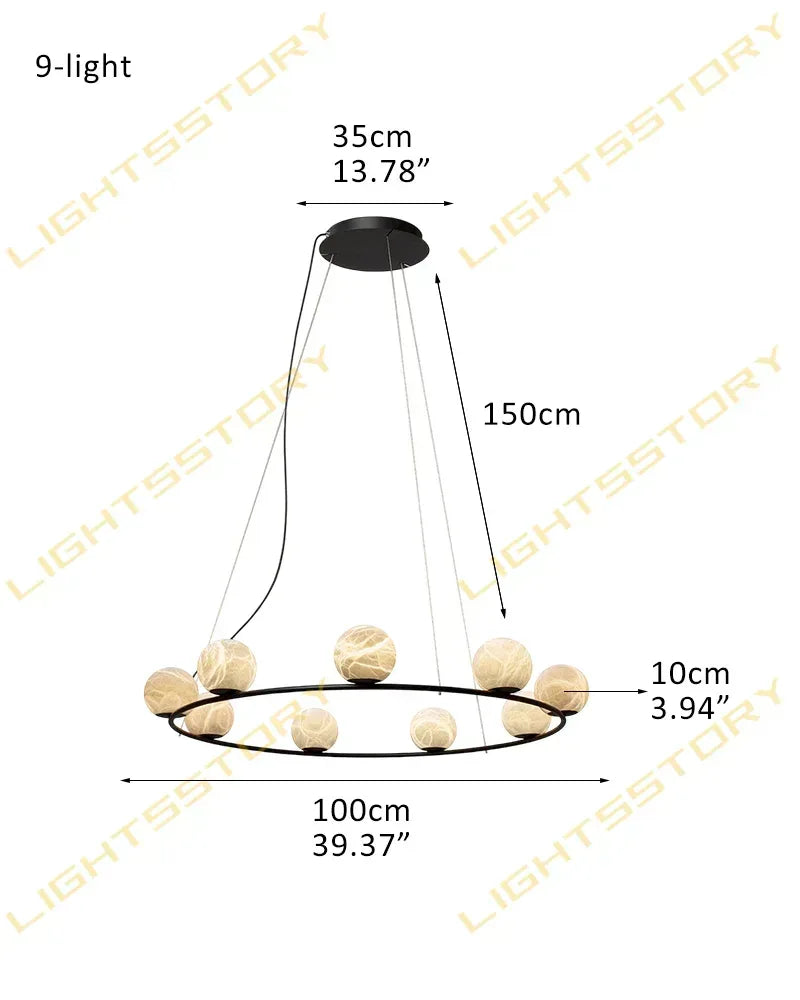 LightsStory Series Ethereal Pendant Light | Double Alabaster Globes Hand-Carved Natural Alabaster Stone, Lacquered Burnished Brass and Antique Black for Modern Dining Rooms and Entryways 9-light-D100cm D39.37"-Round Black Modern Pendant lamp