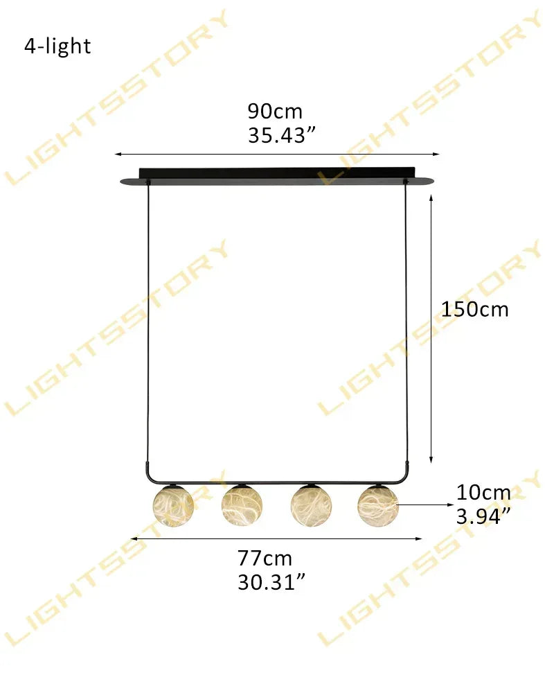 LightsStory Series Ethereal Pendant Light | Double Alabaster Globes Hand-Carved Natural Alabaster Stone, Lacquered Burnished Brass and Antique Black for Modern Dining Rooms and Entryways 4-light-D77cm D30.31"-Linear Black Modern Pendant lamp