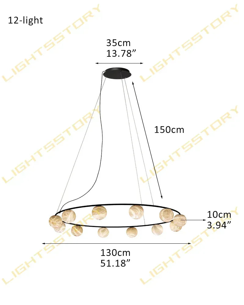 LightsStory Series Ethereal Pendant Light | Double Alabaster Globes Hand-Carved Natural Alabaster Stone, Lacquered Burnished Brass and Antique Black for Modern Dining Rooms and Entryways 12-light-D130cm D51.18"-Round Black Modern Pendant lamp