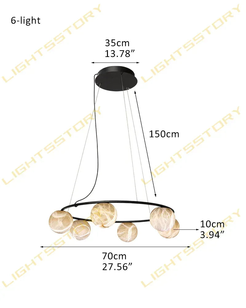 LightsStory Series Ethereal Pendant Light | Double Alabaster Globes Hand-Carved Natural Alabaster Stone, Lacquered Burnished Brass and Antique Black for Modern Dining Rooms and Entryways 6-light-D70cm D27.562"-Round Black Modern Pendant lamp