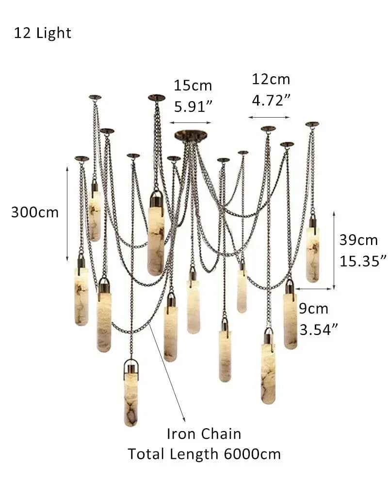 LightsStory Series Ethereal Pendant Light | Geometric Cluster Handmade Natural Mineral Alabaster Stone, Polished Brass finish for Bedrooms, hallways, and minimalist studios 12 light-D9*H39CM D3.54*H15.36" White + Brass Modern Pendant lamp