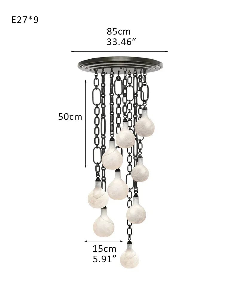 LightsStory Series Ethereal Pendant Light | Globe Genuine handblown alabaster, Brushed nickel and antique brass for Kitchen islands, bars, and entryways 9-light-D15cm D5.91" Black Chain + White American chandelier