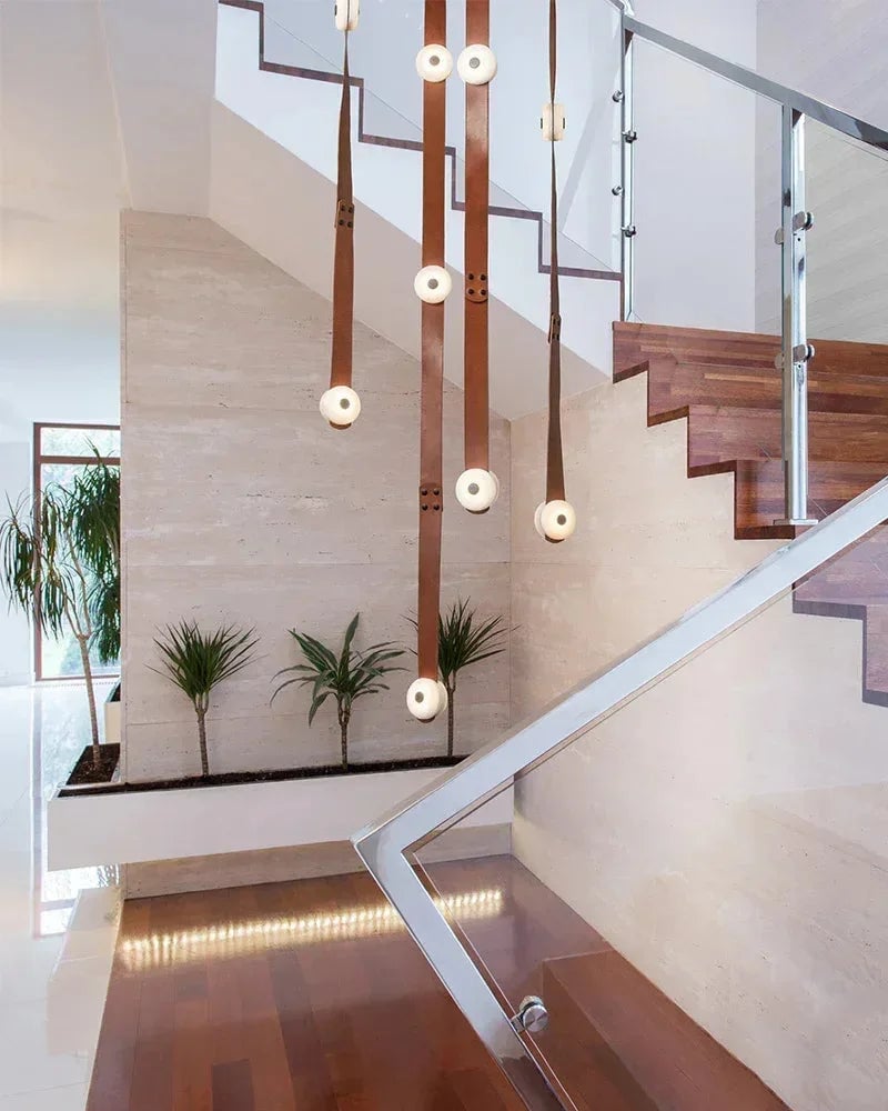 LightsStory Series Ethereal Pendant Light | Hanging Rope Lights Handcrafted white alabaster with fine leather straps, Natural Alabaster and Leather for Modern Living Spaces Modern Pendant lamp