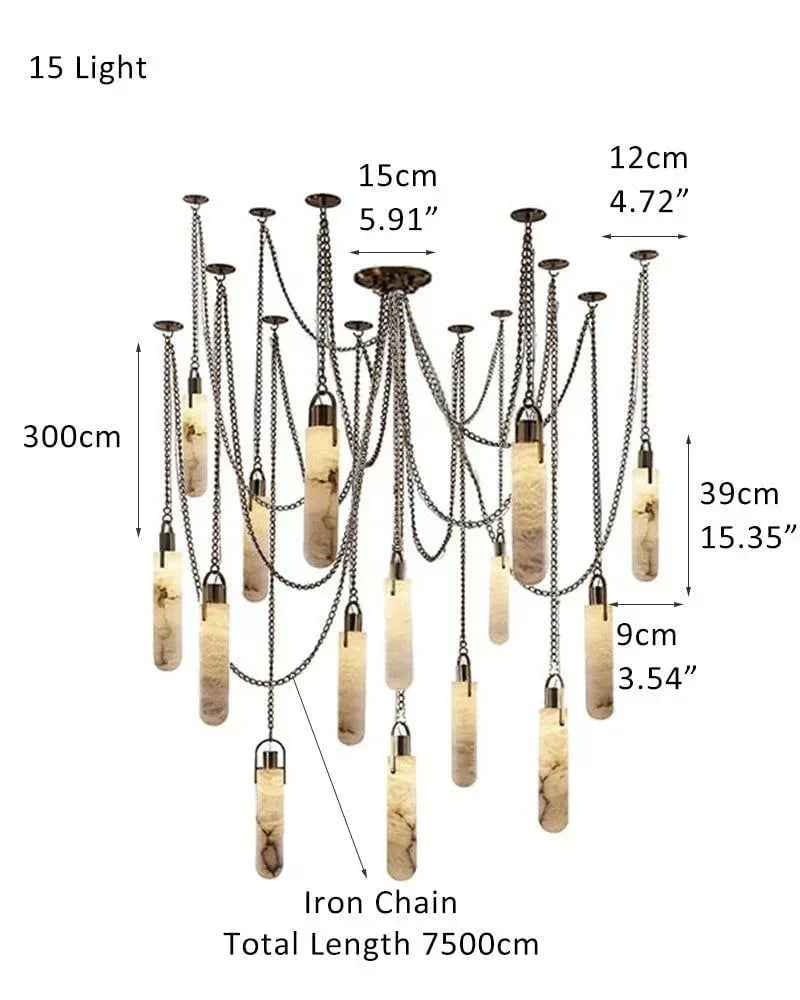 LightsStory Series Ethereal Pendant Light | Multi-Drop Handmade natural mineral Alabaster stone, Aged Brass finish for Bedrooms, hallways, and minimalist studios 15 light-D9*H39CM D3.54*H15.36" White + Brass Vintage Simple Pendant Lamp