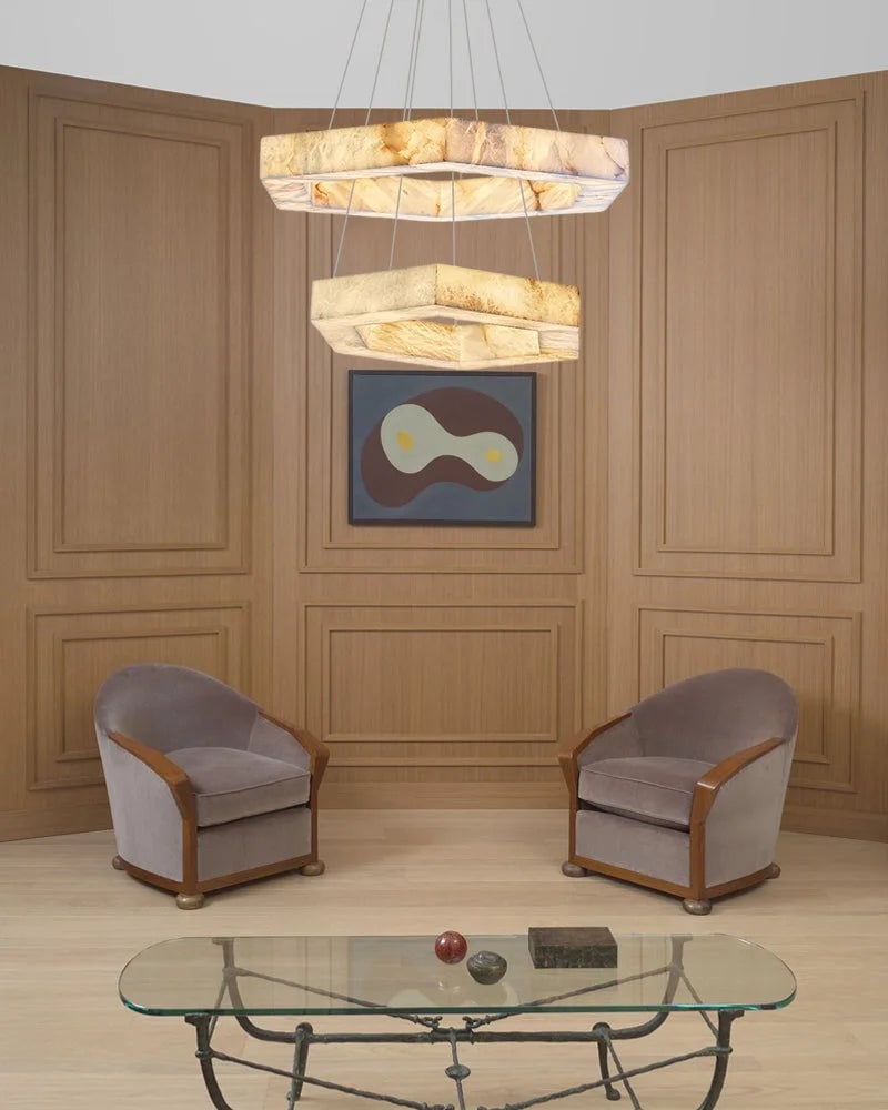 LightsStory Series Ethereal Pendant Light | Triple Ring Hexagon Handcrafted Solid Alabaster and Iron, Refined Iron accents for Living rooms, entryways, and luxe dining spaces Vintage Simple Pendant Lamp