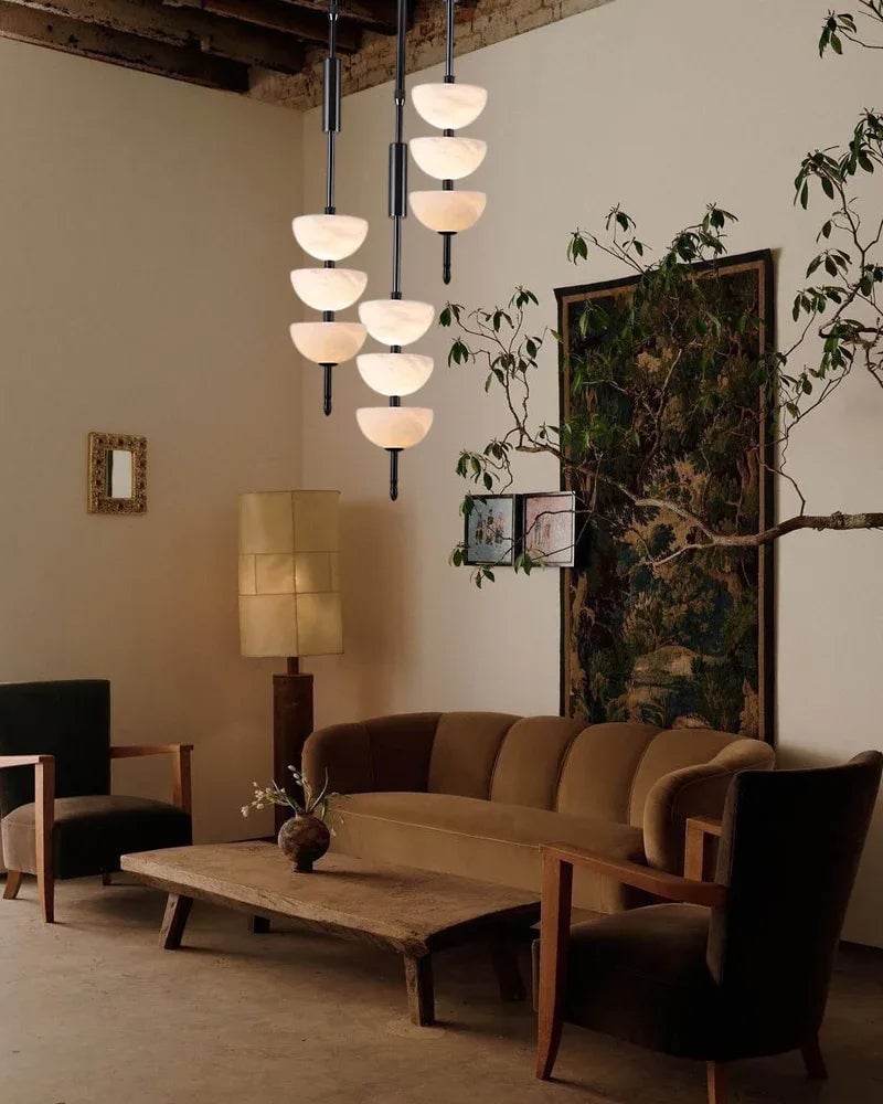 LightsStory Series Ethereal Pendant Light | Triple Sphere Natural Marble and Snowflake Textured Alabaster, Luxury Brass finish for Living Rooms and Bedrooms Modern Pendant lamp