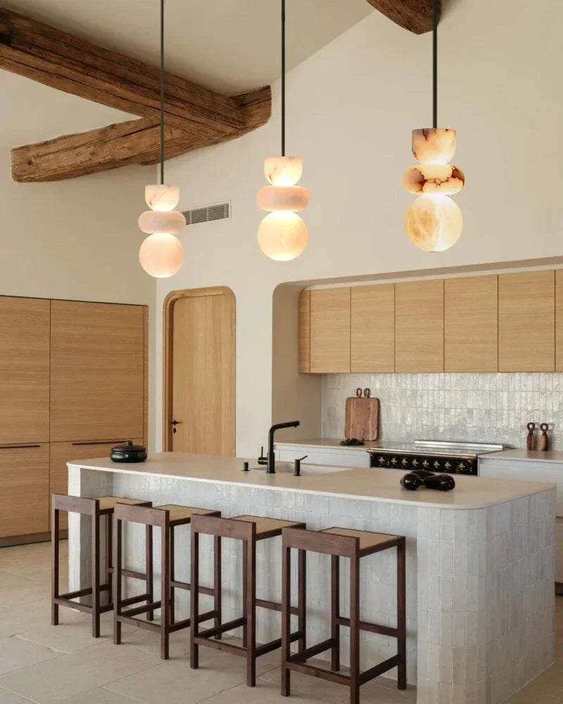 LightsStory Series Ethereal Pendant Light | Wide Round Shade Handcrafted Spanish Stone Warm White Alabaster, Modern Black Cord and Canopy for Bedside, Dining Nooks, and Entryways Modern Pendant lamp