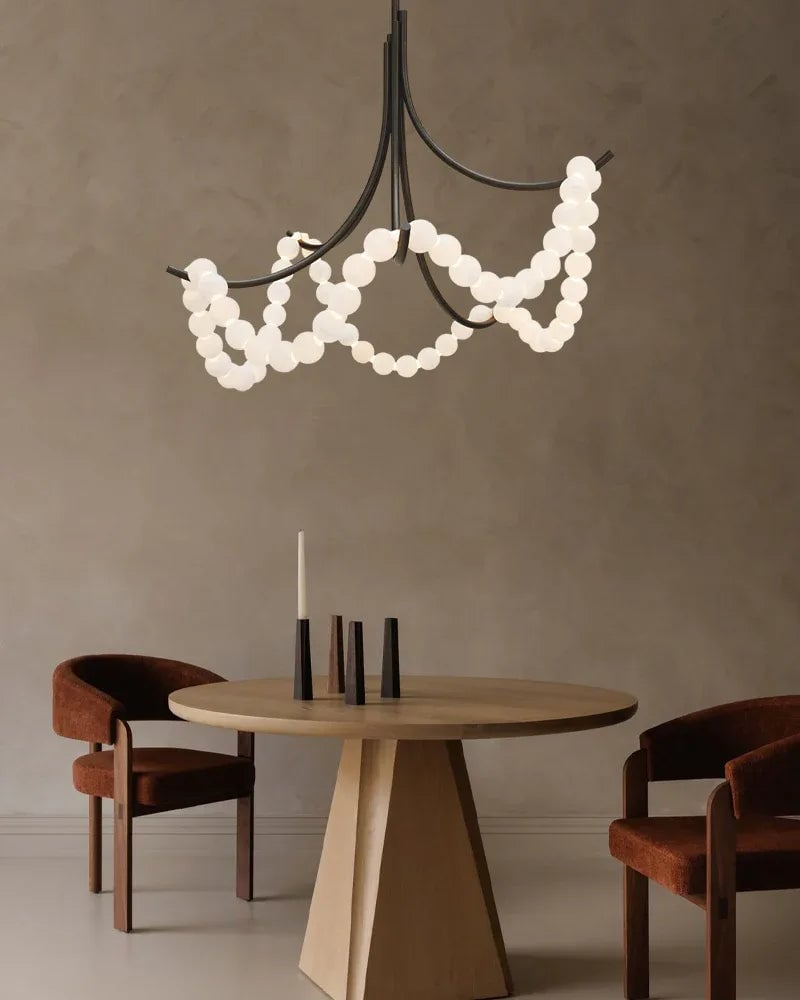 LightsStory Series Ethereal Semi Flush Chandelier | Cluster String Alabaster Beads Genuine Alabaster Beads and Steel Frame, Polished Brass and Black Metal for Living Rooms and Entryways American chandelier