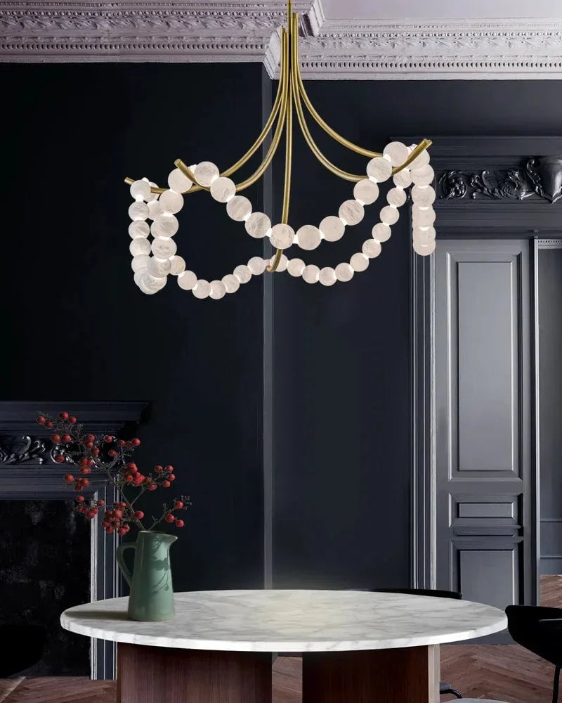 LightsStory Series Ethereal Semi Flush Chandelier | Cluster String Alabaster Beads Genuine Alabaster Beads and Steel Frame, Polished Brass and Black Metal for Living Rooms and Entryways American chandelier