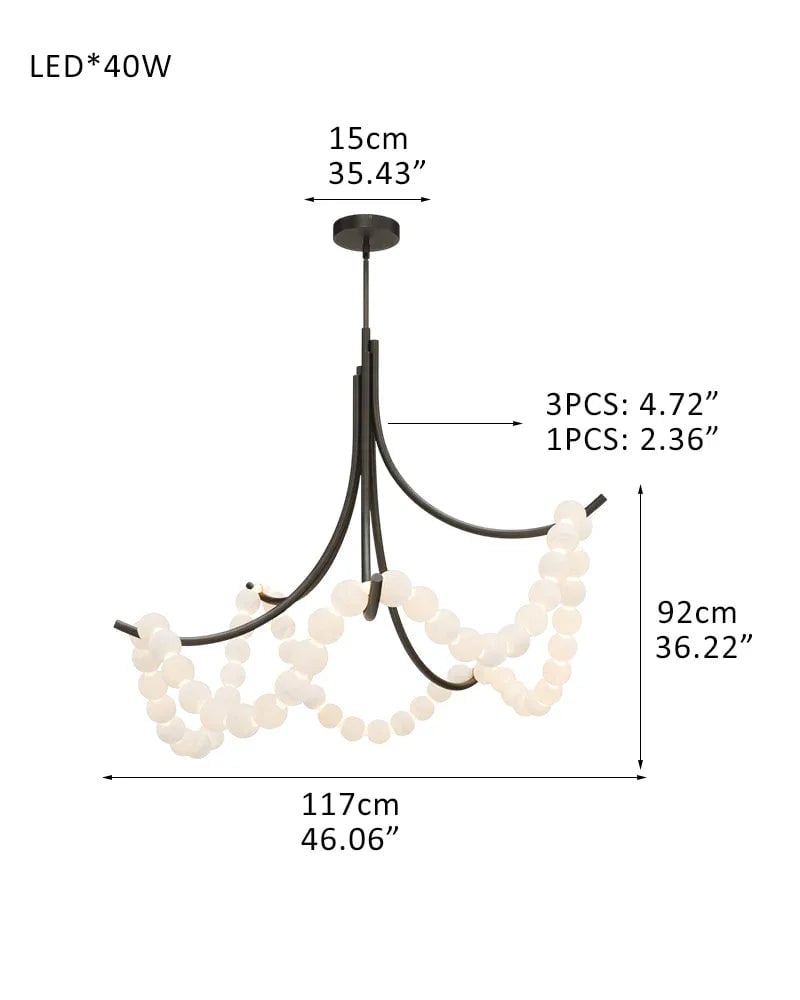 LightsStory Series Ethereal Semi Flush Chandelier | Cluster String Alabaster Beads Genuine Alabaster Beads and Steel Frame, Polished Brass and Black Metal for Living Rooms and Entryways D117*H92CM D46"*H36" Black American chandelier