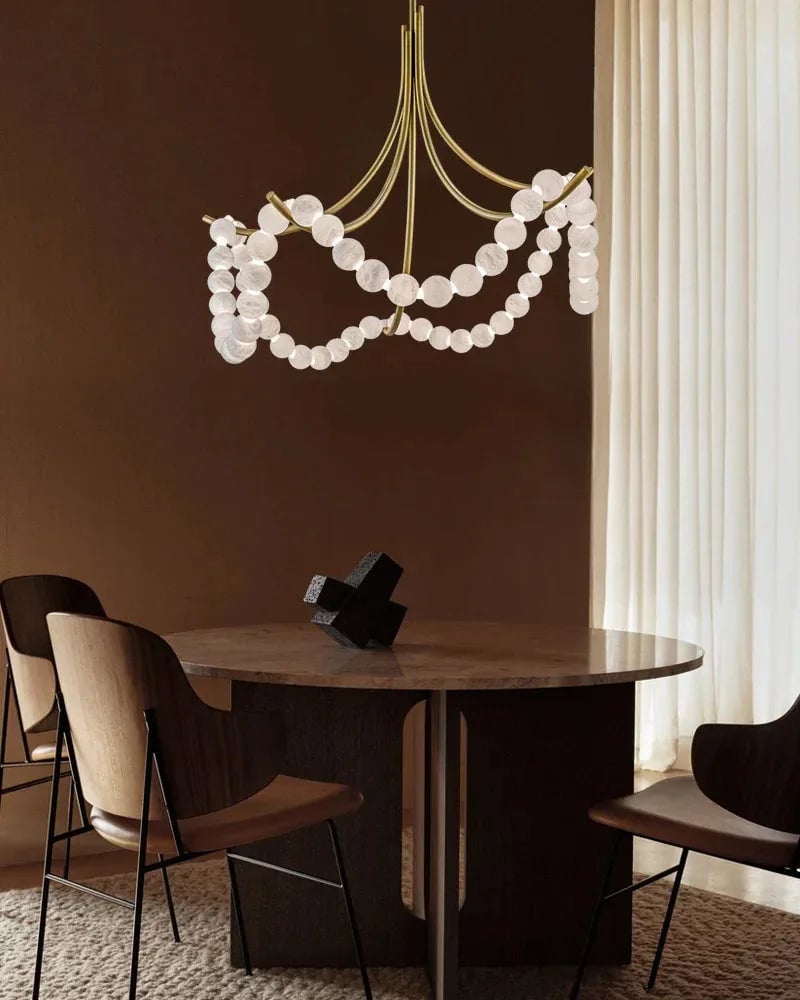 LightsStory Series Ethereal Semi Flush Chandelier | Cluster String Alabaster Beads Genuine Alabaster Beads and Steel Frame, Polished Brass and Black Metal for Living Rooms and Entryways American chandelier